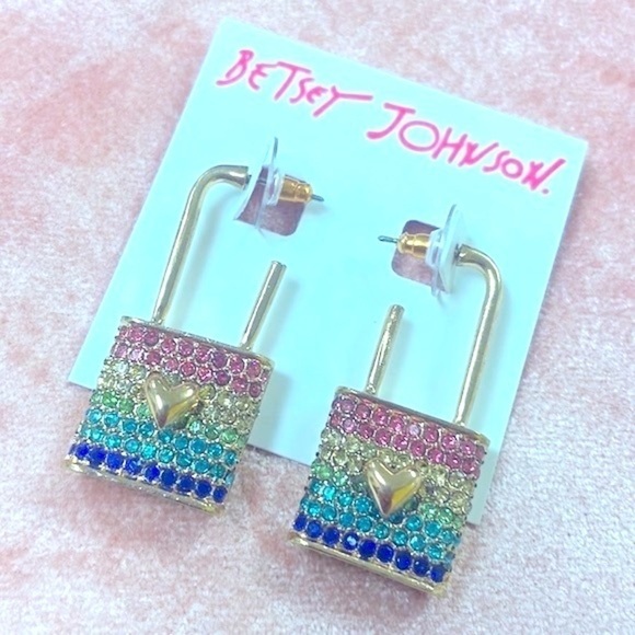 Brand New Betsey Johnson All You Need is Love Locket Crystal Rainbow Earrings - Picture 3 of 14
